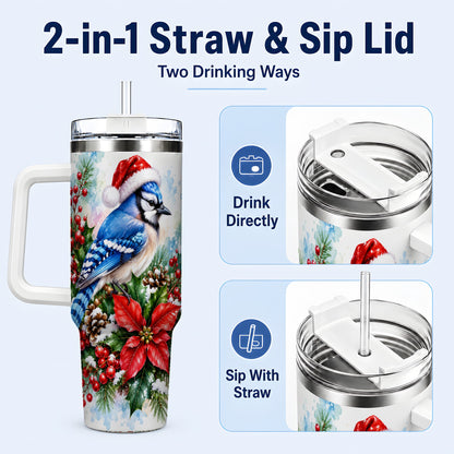 #pl[40oz|White] Watercolor Blue Jay Tumbler 40oz, Christmas Bird Stainless Steel Travel Cup