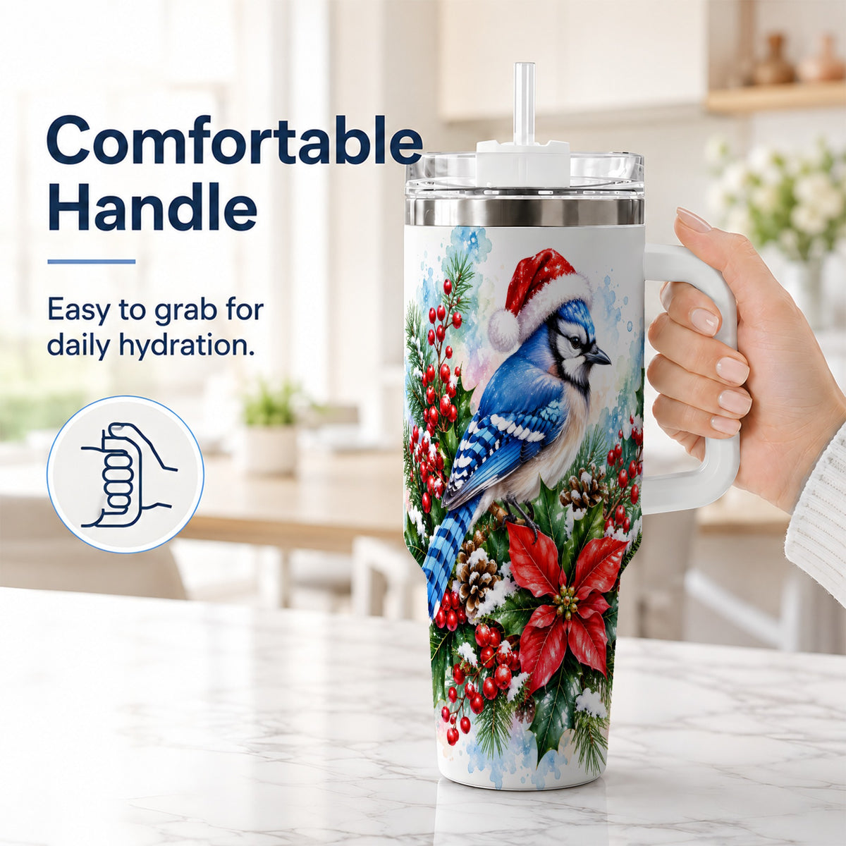 #pl[40oz|White] Watercolor Blue Jay Tumbler 40oz, Christmas Bird Stainless Steel Travel Cup