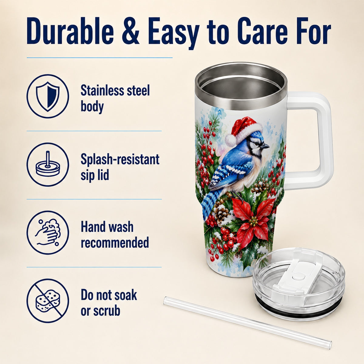 Watercolor Blue Jay Tumbler 40oz, Christmas Bird Stainless Steel Travel Cup
