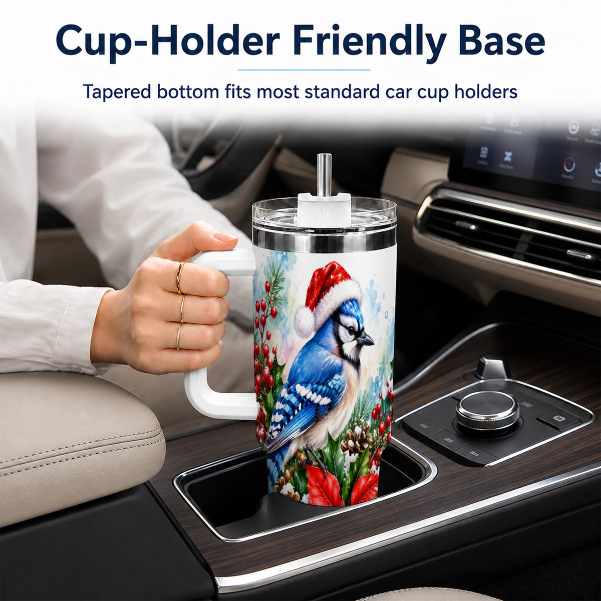 Watercolor Blue Jay Tumbler 40oz, Christmas Bird Stainless Steel Travel Cup