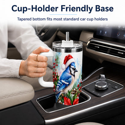 Watercolor Blue Jay Tumbler 40oz, Christmas Bird Stainless Steel Travel Cup