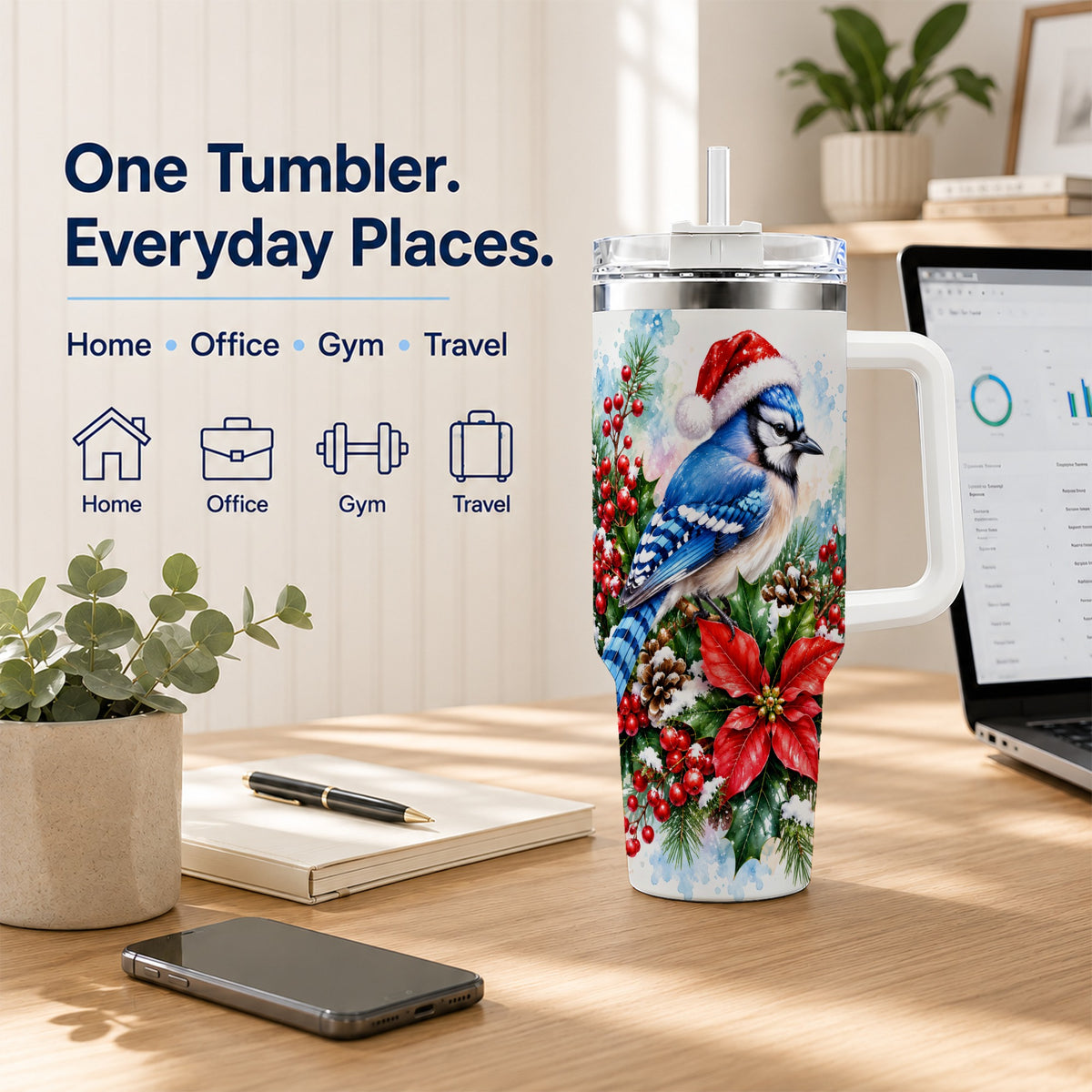 Watercolor Blue Jay Tumbler 40oz, Christmas Bird Stainless Steel Travel Cup