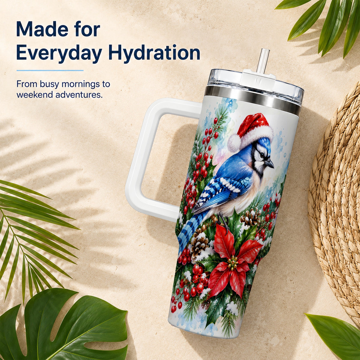 Watercolor Blue Jay Tumbler 40oz, Christmas Bird Stainless Steel Travel Cup