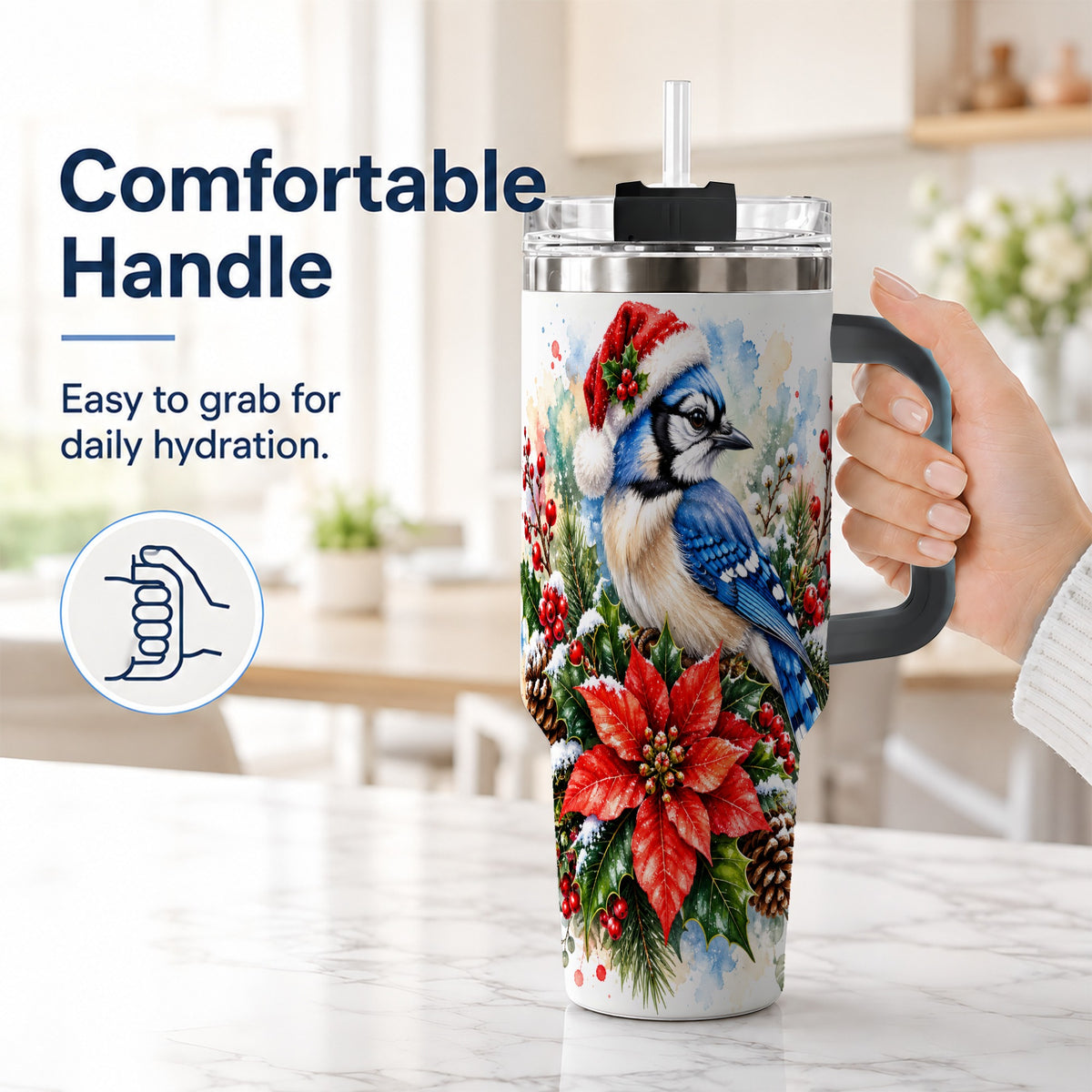 #pl[40oz|Black] Christmas Blue Jay 40oz Tumbler, Bird Tumbler, Stainless Steel Travel Cup