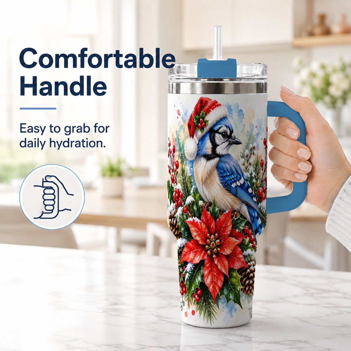 #pl[40oz|Blue] Christmas Blue Jay 40oz Tumbler, Bird Tumbler, Stainless Steel Travel Cup