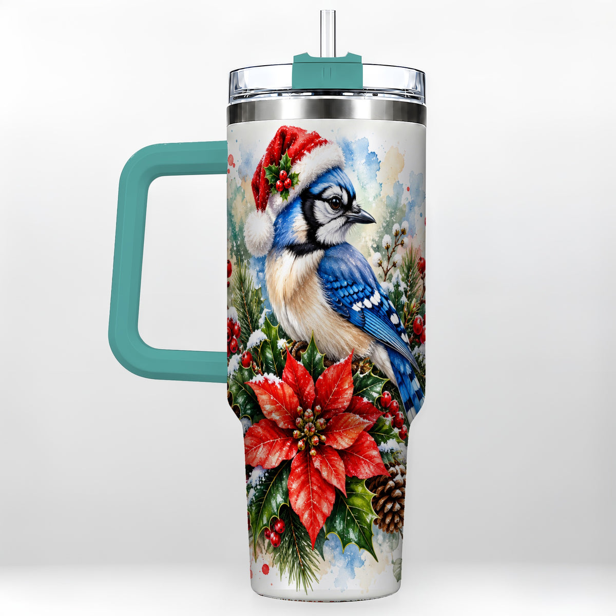 #pl[40oz|Green] Christmas Blue Jay 40oz Tumbler, Bird Tumbler, Stainless Steel Travel Cup