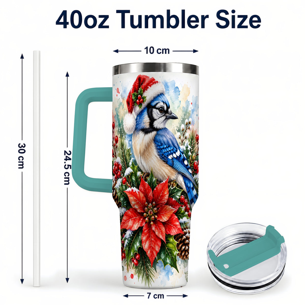 #pl[40oz|Green] Christmas Blue Jay 40oz Tumbler, Bird Tumbler, Stainless Steel Travel Cup
