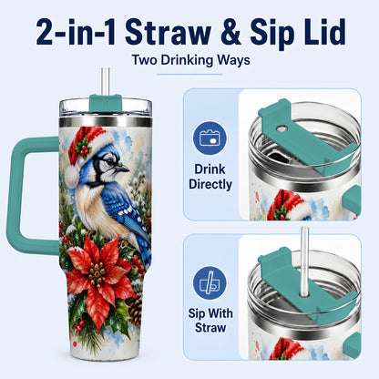 #pl[40oz|Green] Christmas Blue Jay 40oz Tumbler, Bird Tumbler, Stainless Steel Travel Cup