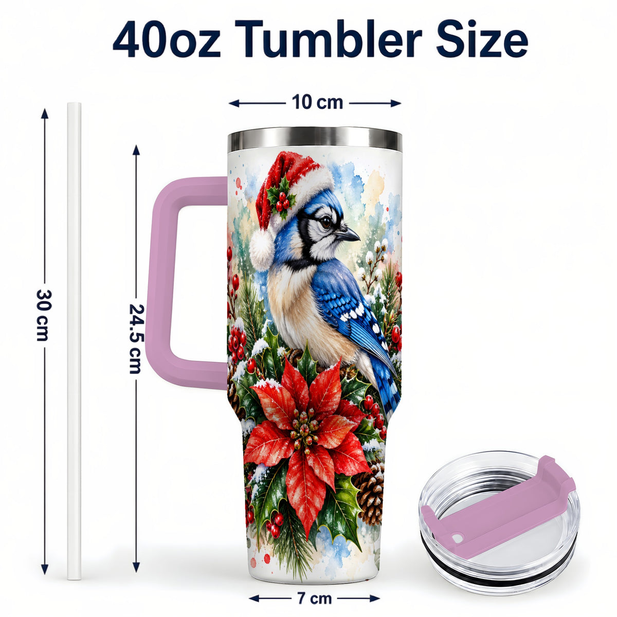 #pl[40oz|Pink] Christmas Blue Jay 40oz Tumbler, Bird Tumbler, Stainless Steel Travel Cup