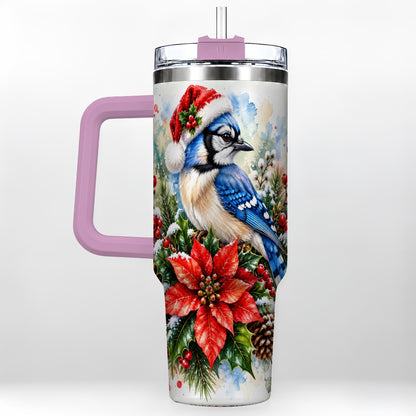 #pl[40oz|Pink] Christmas Blue Jay 40oz Tumbler, Bird Tumbler, Stainless Steel Travel Cup