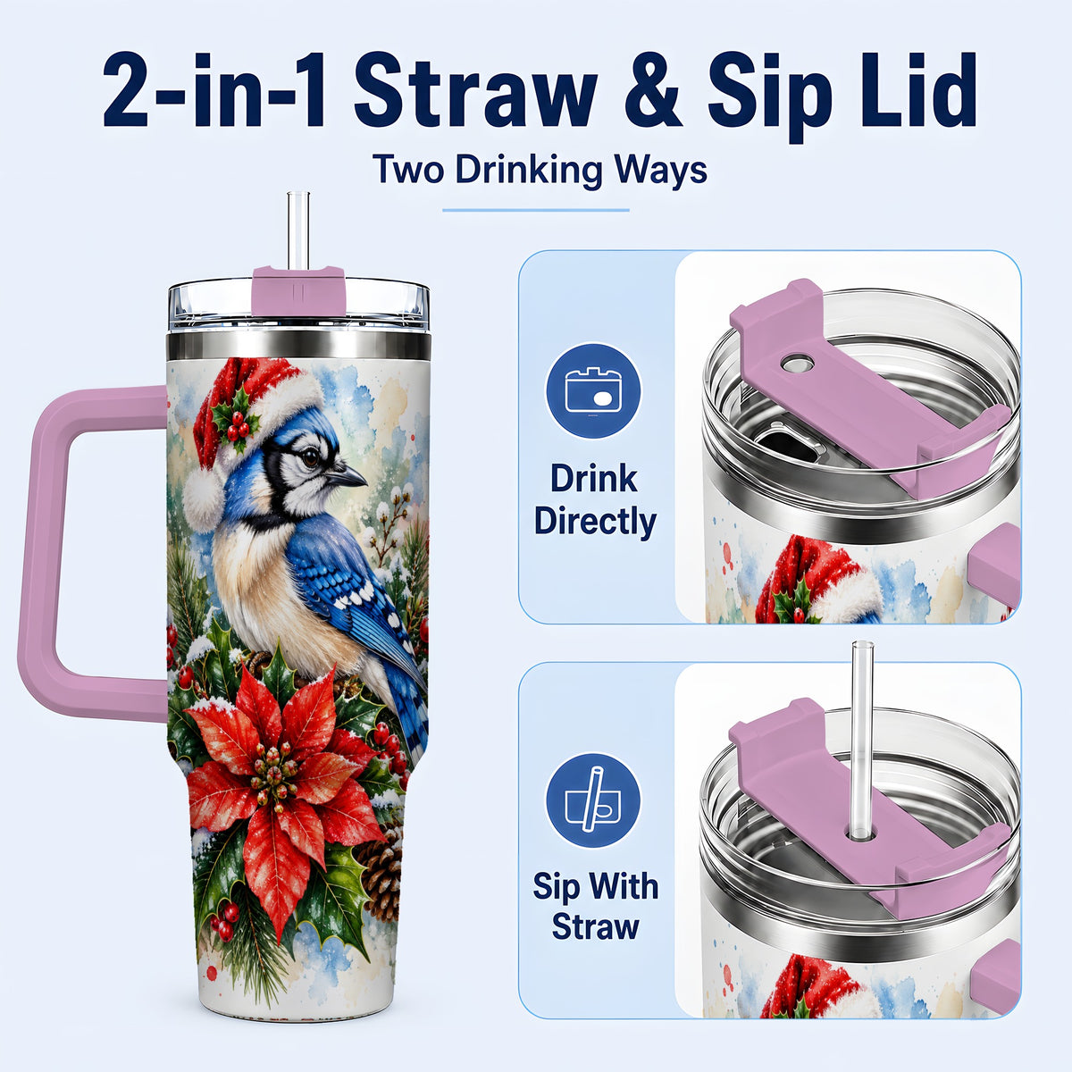 #pl[40oz|Pink] Christmas Blue Jay 40oz Tumbler, Bird Tumbler, Stainless Steel Travel Cup
