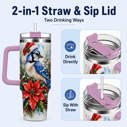 #pl[40oz|Pink] Christmas Blue Jay 40oz Tumbler, Bird Tumbler, Stainless Steel Travel Cup