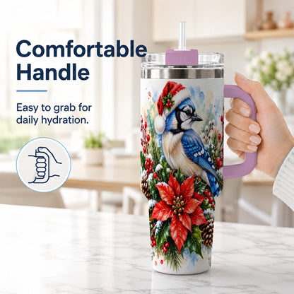 #pl[40oz|Pink] Christmas Blue Jay 40oz Tumbler, Bird Tumbler, Stainless Steel Travel Cup