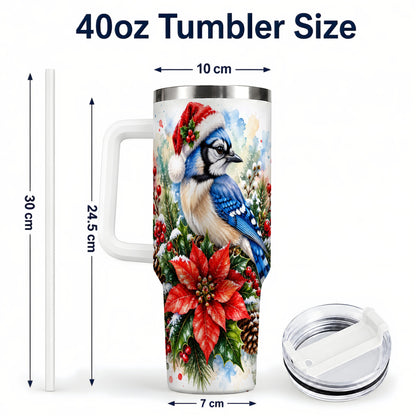 #pl[40oz|White] Christmas Blue Jay 40oz Tumbler, Bird Tumbler, Stainless Steel Travel Cup