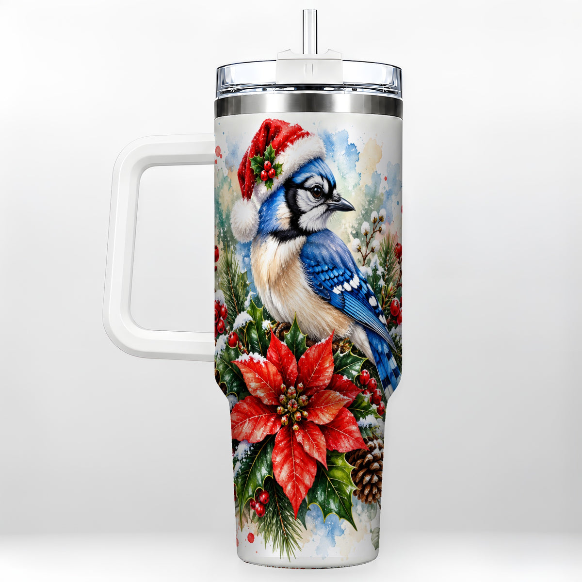 Christmas Blue Jay 40oz Tumbler, Bird Tumbler, Stainless Steel Travel Cup
