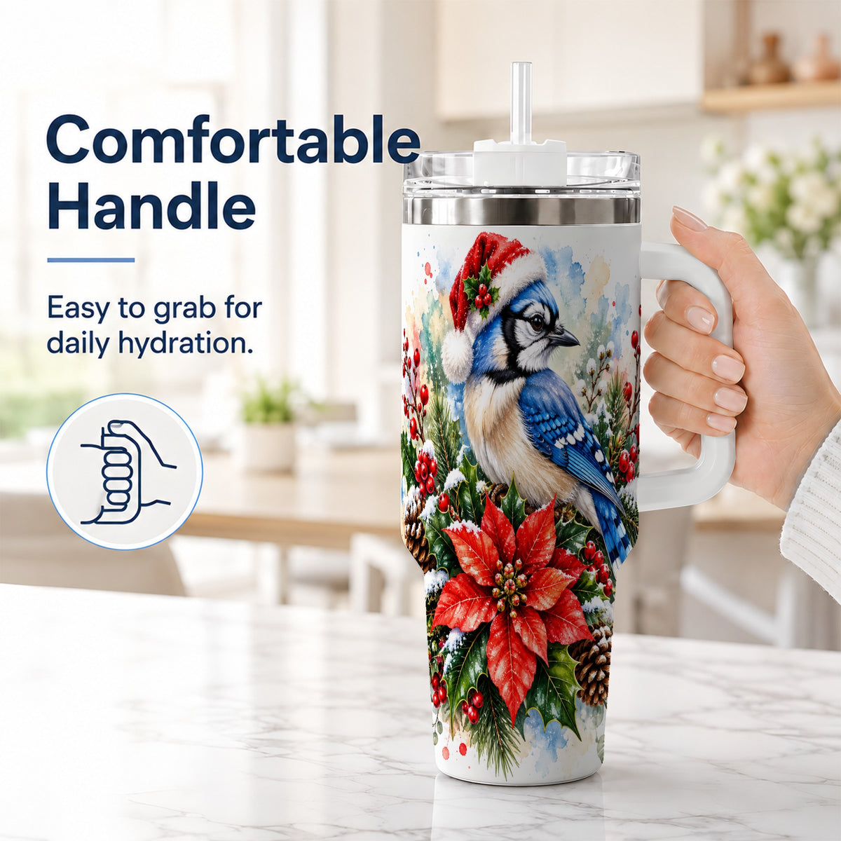 #pl[40oz|White] Christmas Blue Jay 40oz Tumbler, Bird Tumbler, Stainless Steel Travel Cup