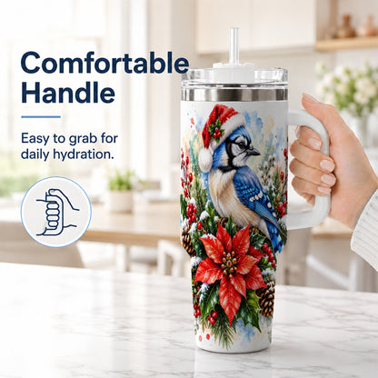 #pl[40oz|White] Christmas Blue Jay 40oz Tumbler, Bird Tumbler, Stainless Steel Travel Cup