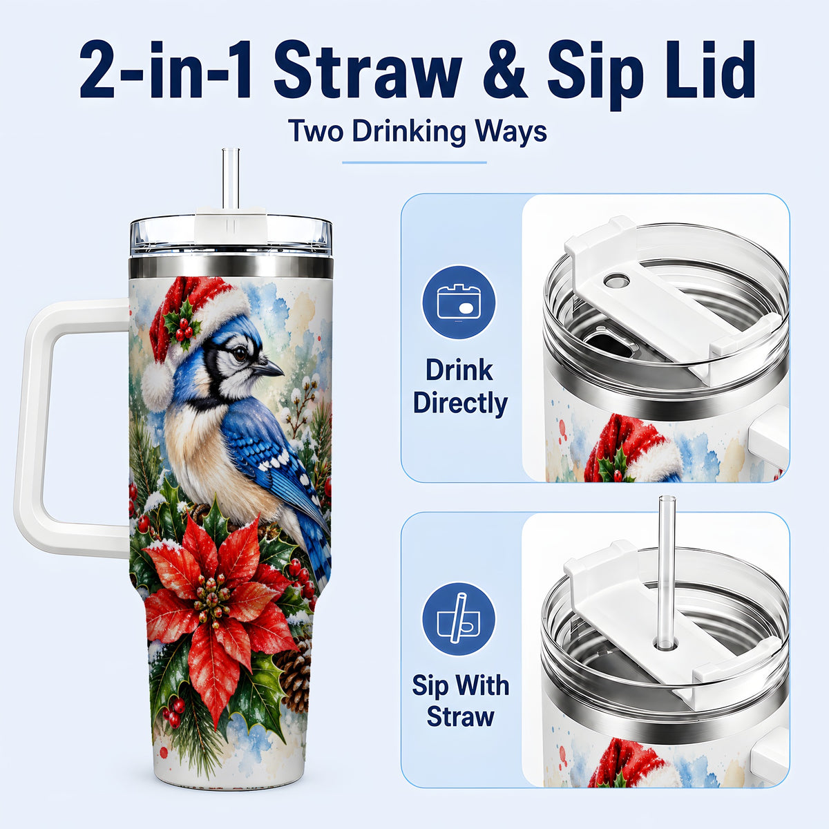 #pl[40oz|White] Christmas Blue Jay 40oz Tumbler, Bird Tumbler, Stainless Steel Travel Cup