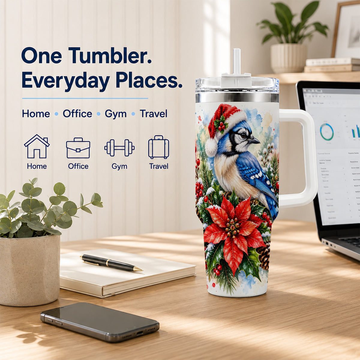 Christmas Blue Jay 40oz Tumbler, Bird Tumbler, Stainless Steel Travel Cup