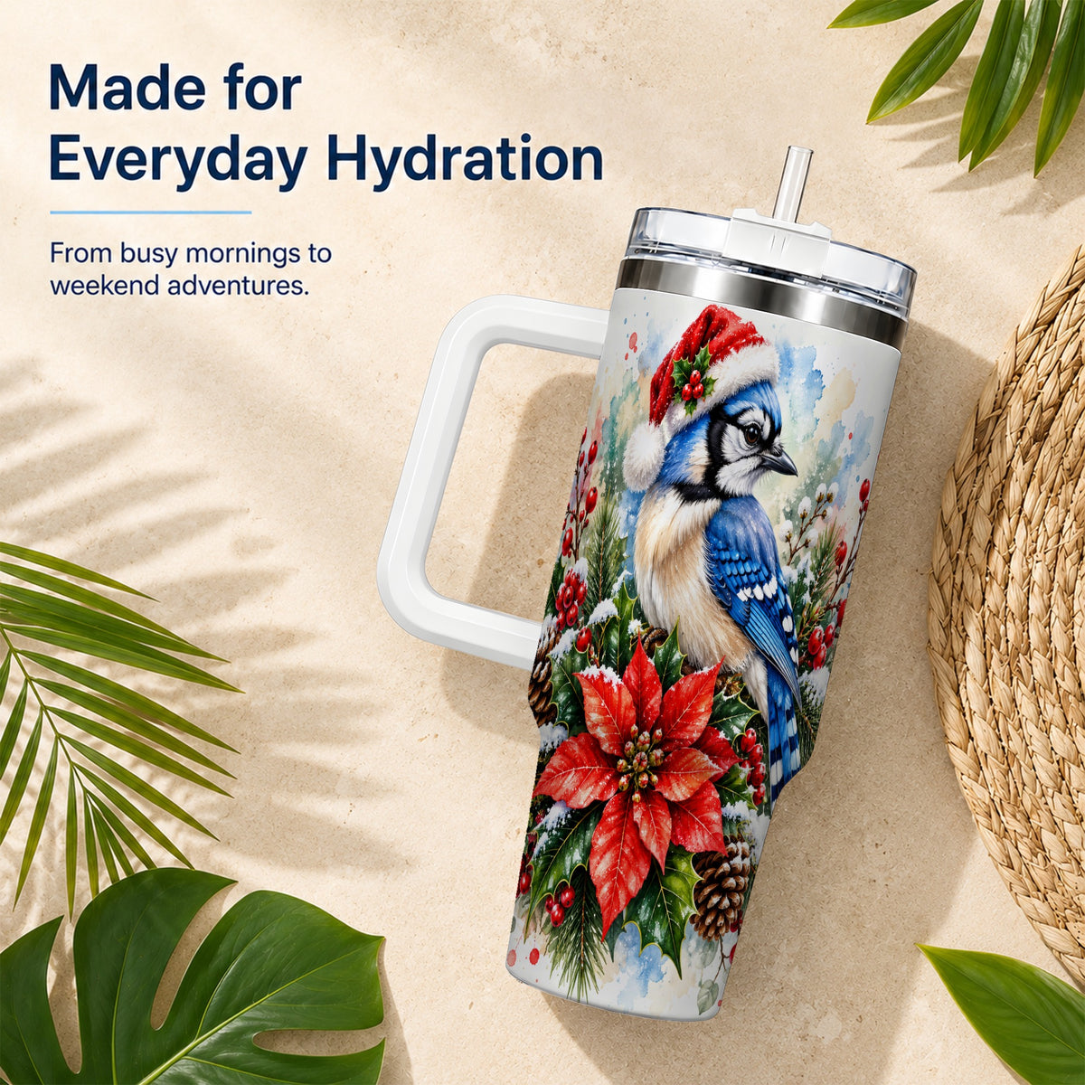 Christmas Blue Jay 40oz Tumbler, Bird Tumbler, Stainless Steel Travel Cup