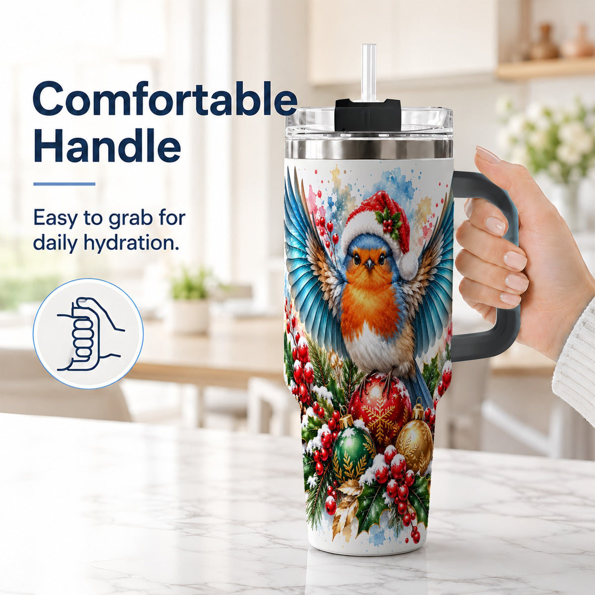 #pl[40oz|Black] Christmas Robin 40oz Tumbler, Bird Tumbler, Stainless Steel Travel Cup