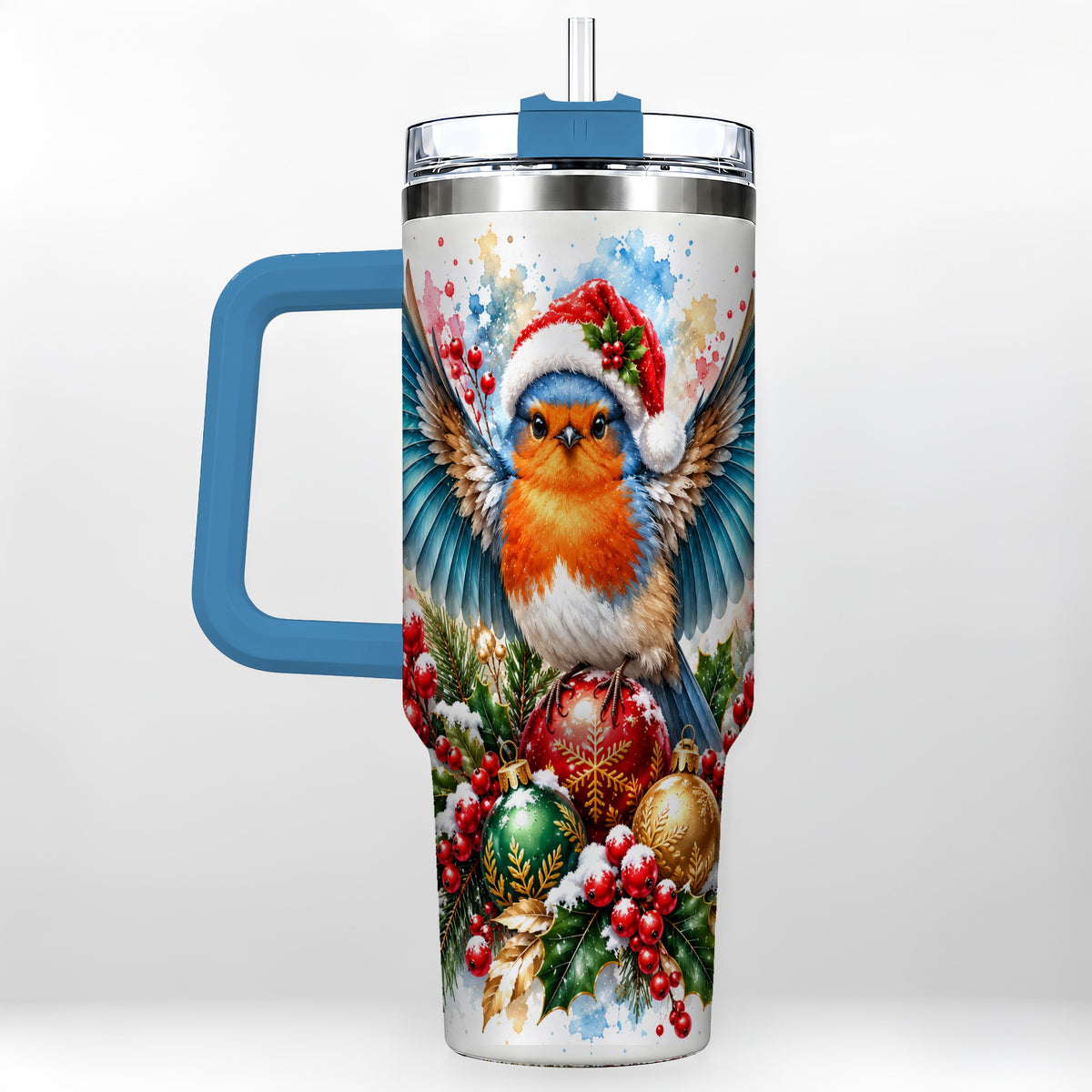 #pl[40oz|Blue] Christmas Robin 40oz Tumbler, Bird Tumbler, Stainless Steel Travel Cup