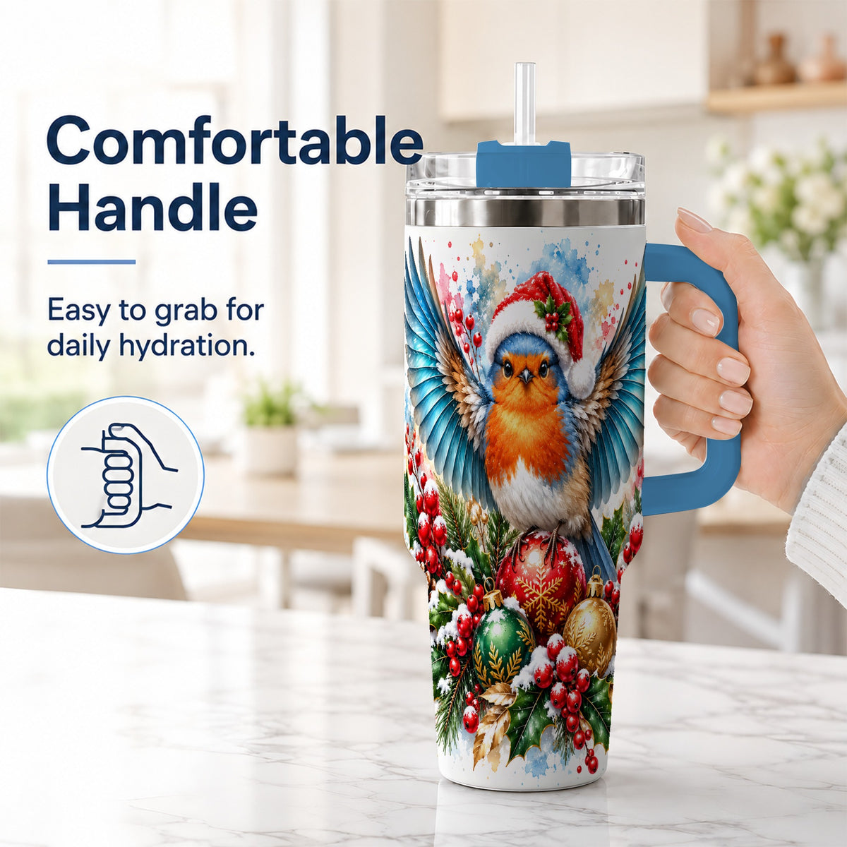#pl[40oz|Blue] Christmas Robin 40oz Tumbler, Bird Tumbler, Stainless Steel Travel Cup