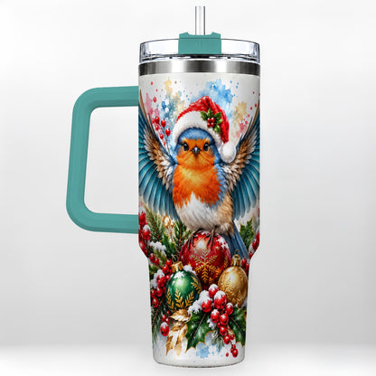 #pl[40oz|Green] Christmas Robin 40oz Tumbler, Bird Tumbler, Stainless Steel Travel Cup