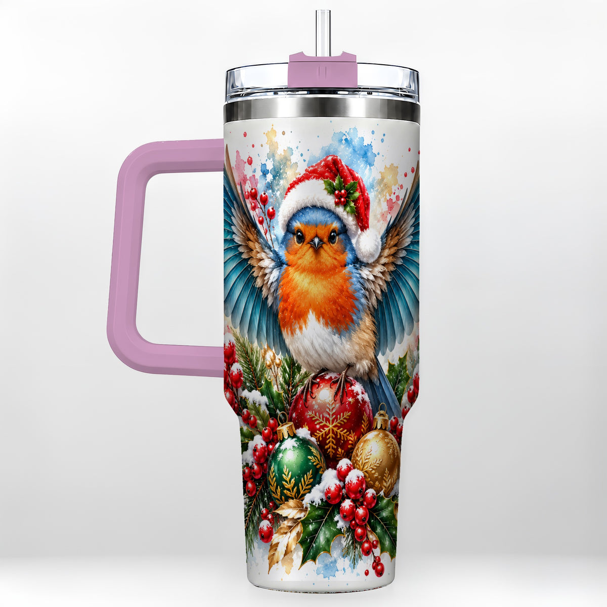 #pl[40oz|Pink] Christmas Robin 40oz Tumbler, Bird Tumbler, Stainless Steel Travel Cup
