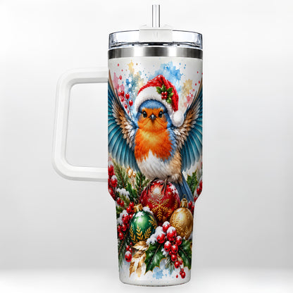 Christmas Robin 40oz Tumbler, Bird Tumbler, Stainless Steel Travel Cup