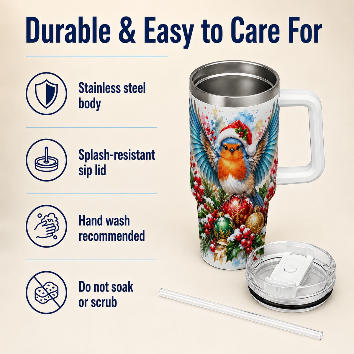 Christmas Robin 40oz Tumbler, Bird Tumbler, Stainless Steel Travel Cup