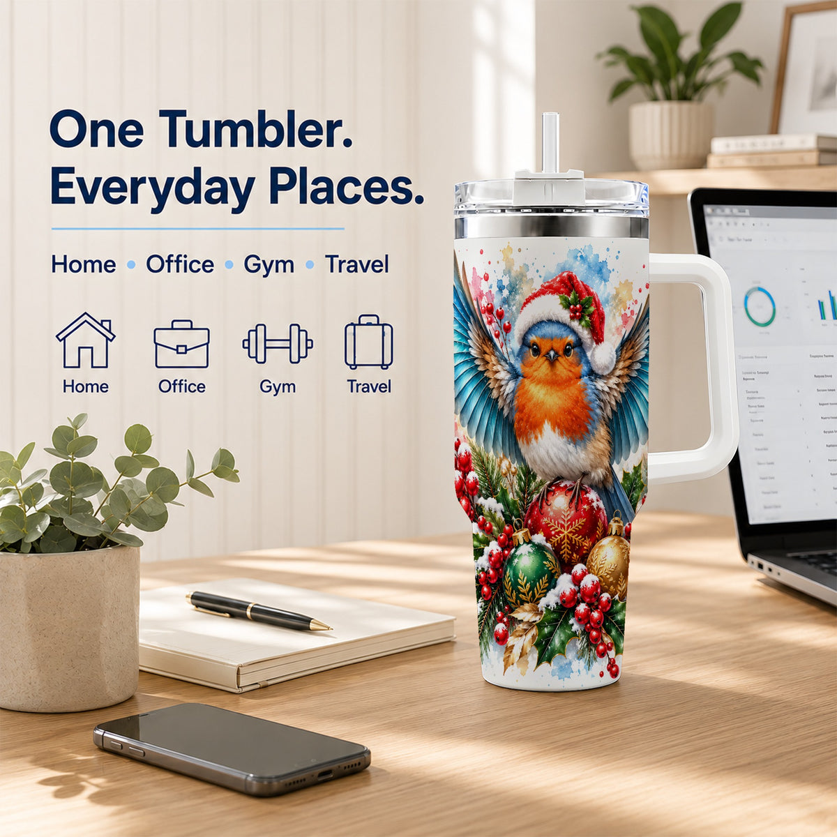 Christmas Robin 40oz Tumbler, Bird Tumbler, Stainless Steel Travel Cup