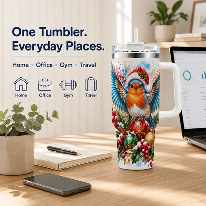 Christmas Robin 40oz Tumbler, Bird Tumbler, Stainless Steel Travel Cup