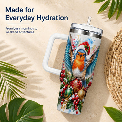 Christmas Robin 40oz Tumbler, Bird Tumbler, Stainless Steel Travel Cup