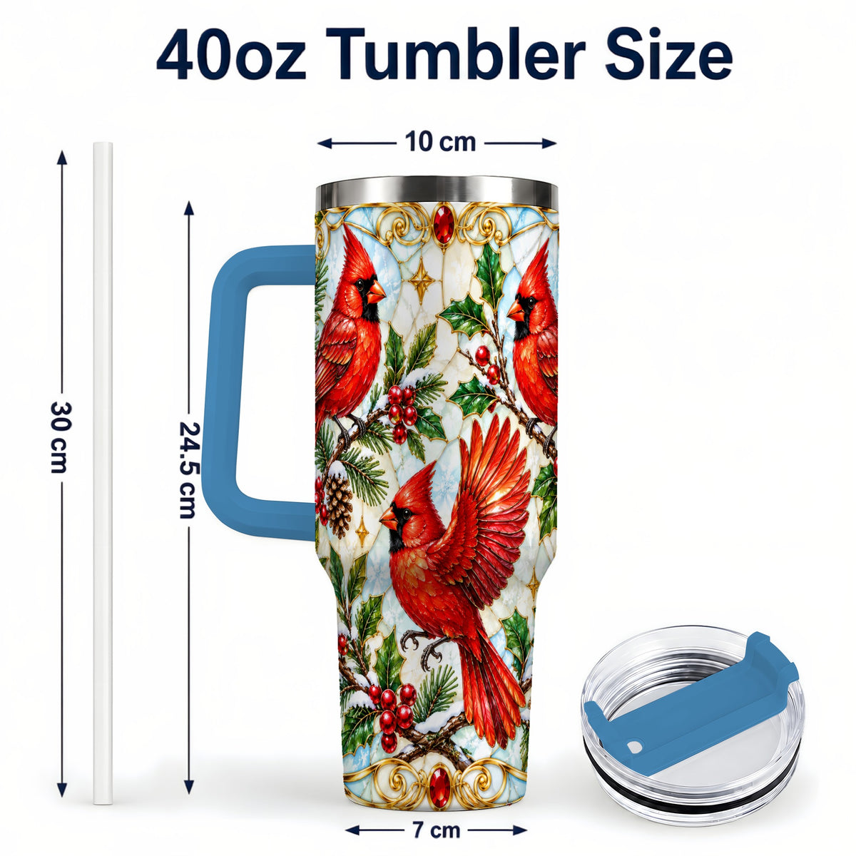#pl[40oz|Blue] Christmas Cardinals 40oz Tumbler, Bird Tumbler, Stainless Steel Travel Cup