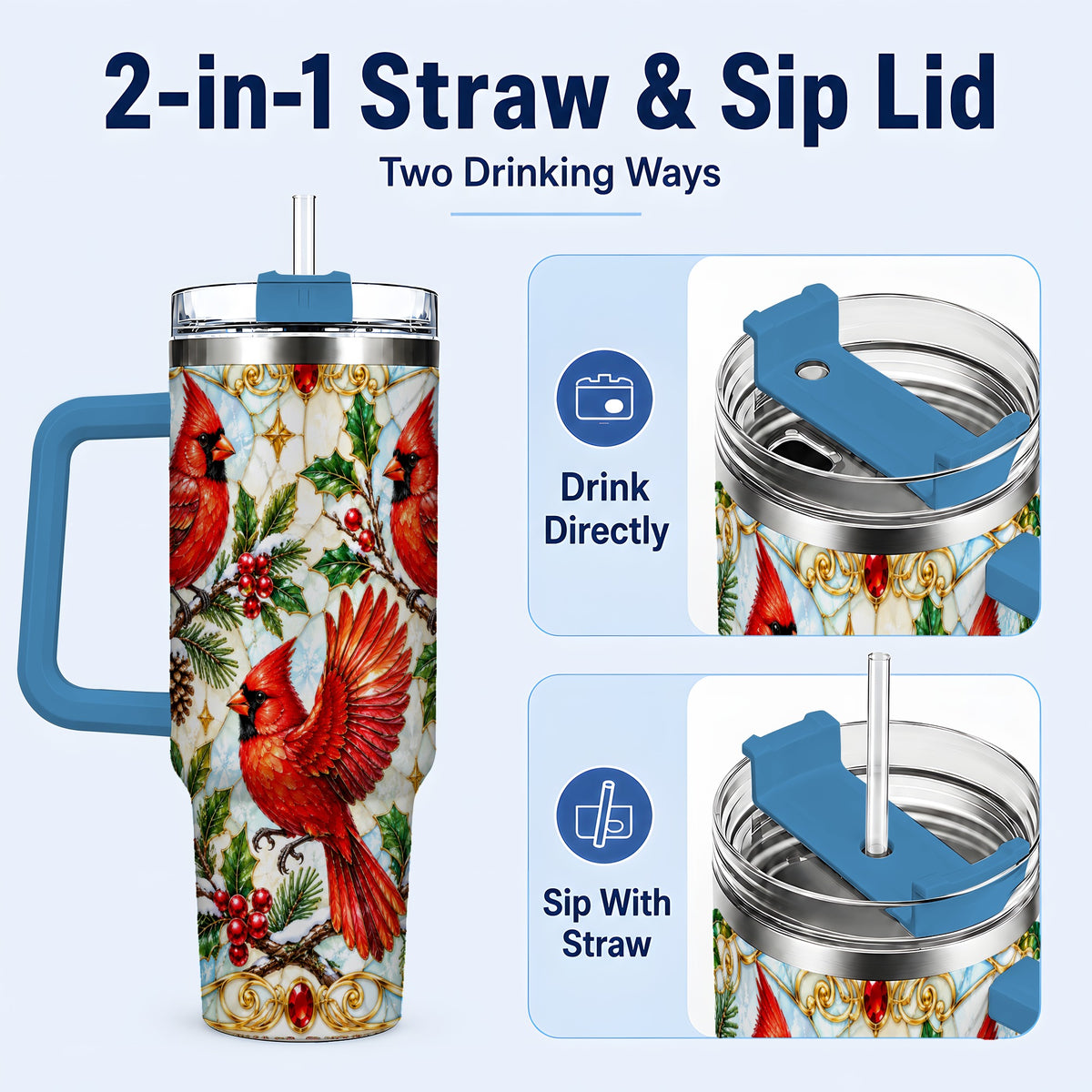 #pl[40oz|Blue] Christmas Cardinals 40oz Tumbler, Bird Tumbler, Stainless Steel Travel Cup