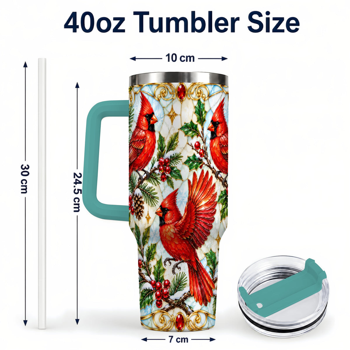 #pl[40oz|Green] Christmas Cardinals 40oz Tumbler, Bird Tumbler, Stainless Steel Travel Cup