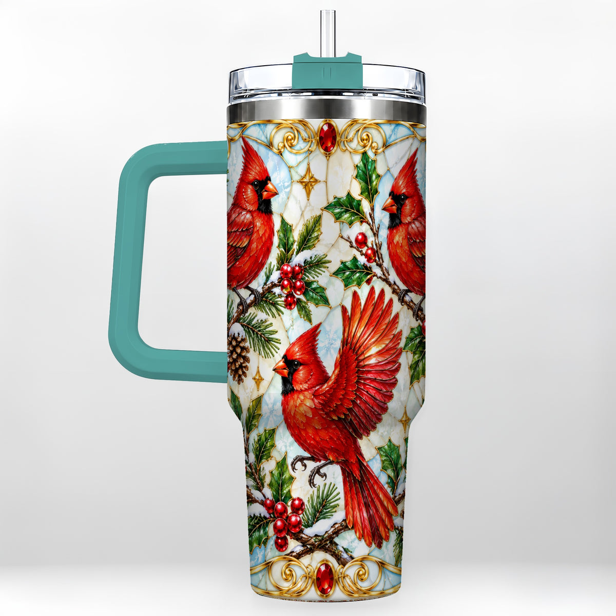 #pl[40oz|Green] Christmas Cardinals 40oz Tumbler, Bird Tumbler, Stainless Steel Travel Cup