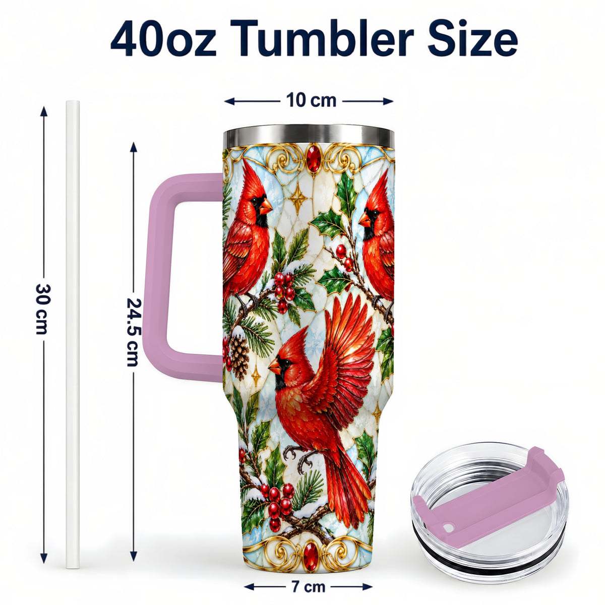 #pl[40oz|Pink] Christmas Cardinals 40oz Tumbler, Bird Tumbler, Stainless Steel Travel Cup