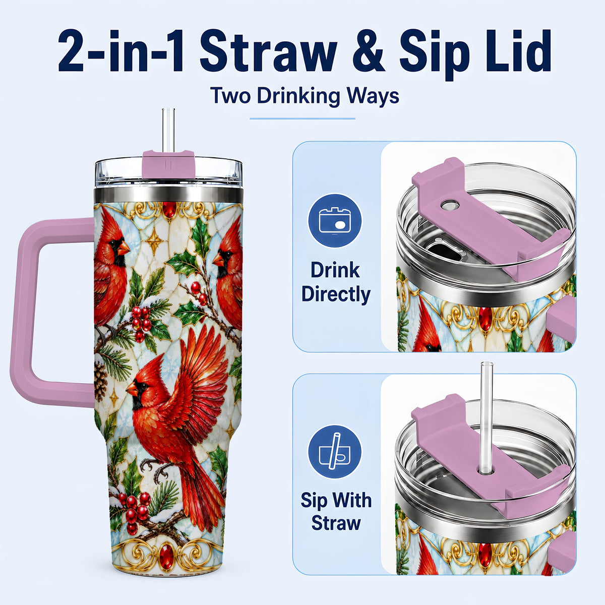 #pl[40oz|Pink] Christmas Cardinals 40oz Tumbler, Bird Tumbler, Stainless Steel Travel Cup