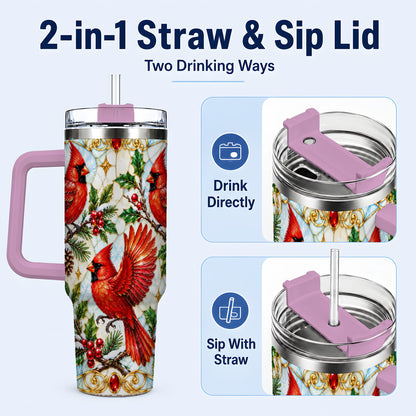 #pl[40oz|Pink] Christmas Cardinals 40oz Tumbler, Bird Tumbler, Stainless Steel Travel Cup