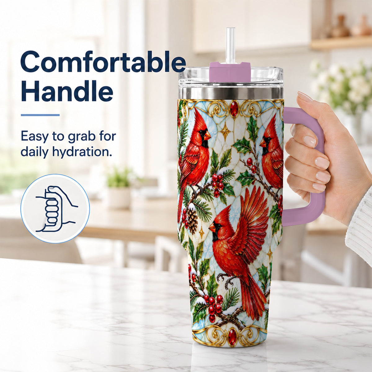 #pl[40oz|Pink] Christmas Cardinals 40oz Tumbler, Bird Tumbler, Stainless Steel Travel Cup
