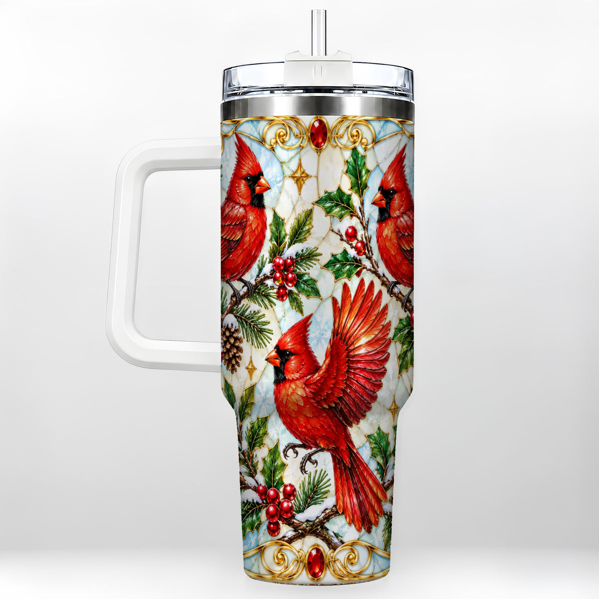 Christmas Cardinals 40oz Tumbler, Bird Tumbler, Stainless Steel Travel Cup