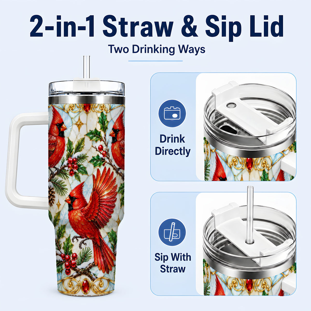 #pl[40oz|White] Christmas Cardinals 40oz Tumbler, Bird Tumbler, Stainless Steel Travel Cup