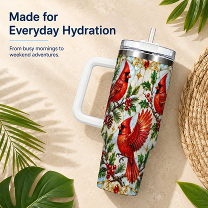 Christmas Cardinals 40oz Tumbler, Bird Tumbler, Stainless Steel Travel Cup