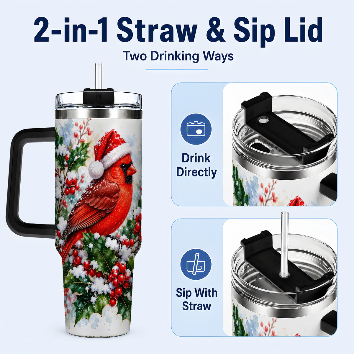 #pl[40oz|Black] Christmas Cardinal 40oz Tumbler, Bird Tumbler, Stainless Steel Travel Cup