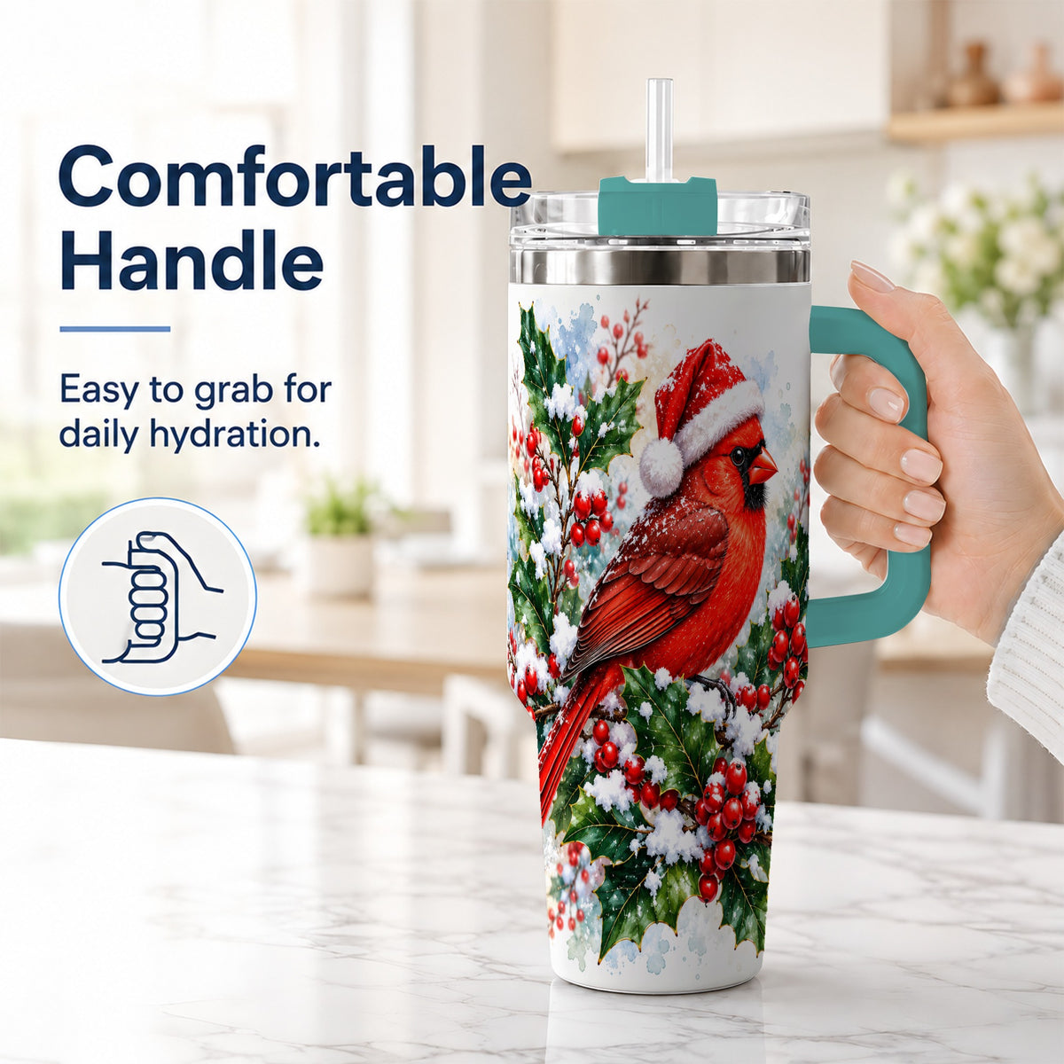 #pl[40oz|Green] Christmas Cardinal 40oz Tumbler, Bird Tumbler, Stainless Steel Travel Cup