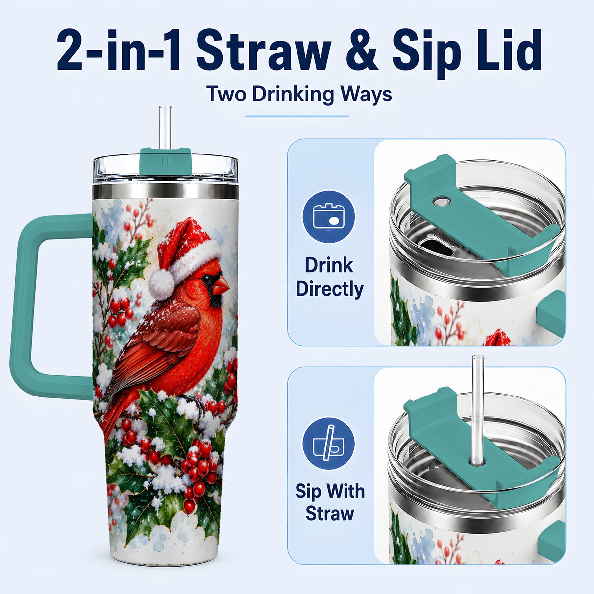 #pl[40oz|Green] Christmas Cardinal 40oz Tumbler, Bird Tumbler, Stainless Steel Travel Cup