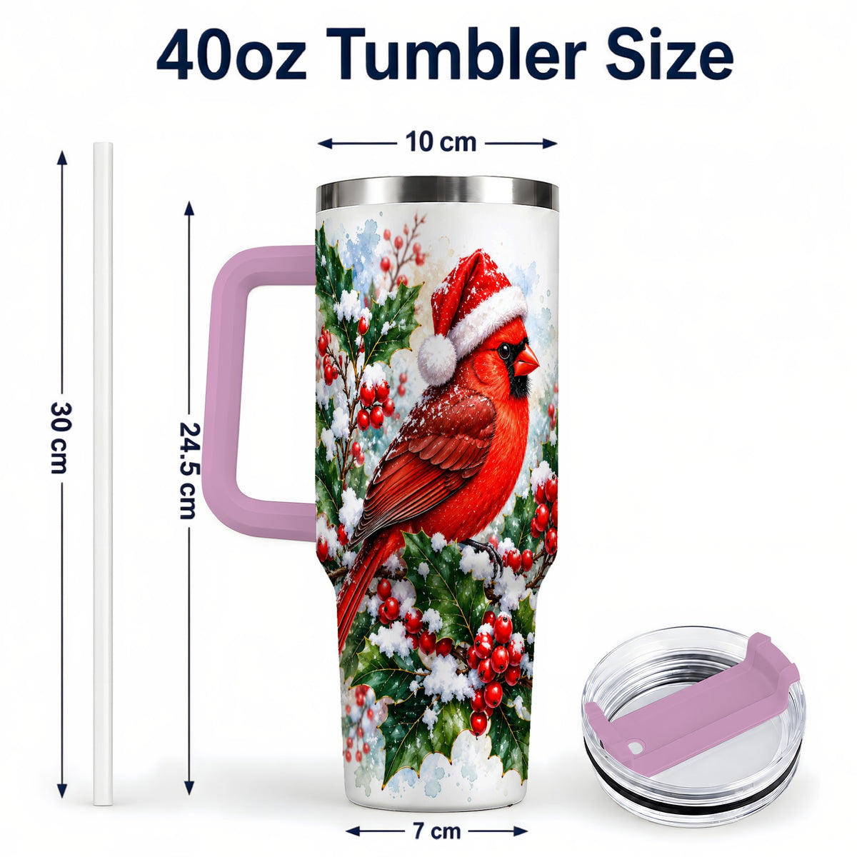 #pl[40oz|Pink] Christmas Cardinal 40oz Tumbler, Bird Tumbler, Stainless Steel Travel Cup