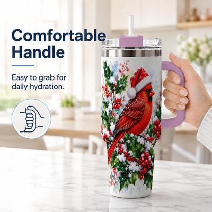 #pl[40oz|Pink] Christmas Cardinal 40oz Tumbler, Bird Tumbler, Stainless Steel Travel Cup